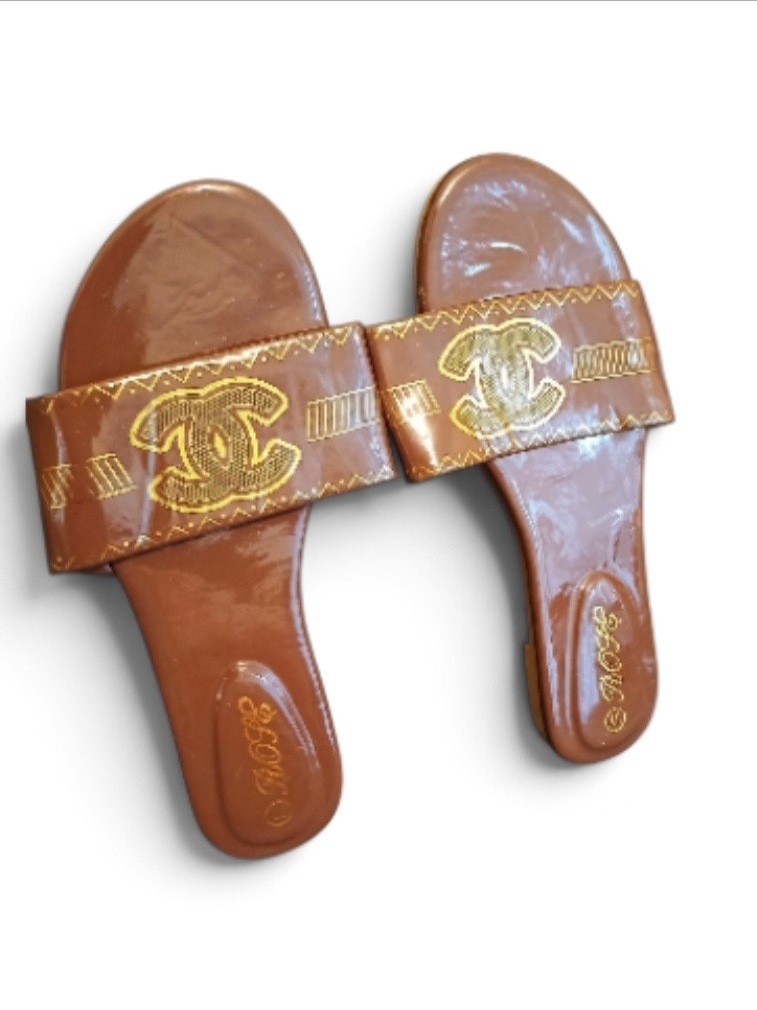 Rolex Brown Patent Slide Sandals With Gold Logo Detail Rolex Brown Patent Slide Sandals With Gold Logo Detail